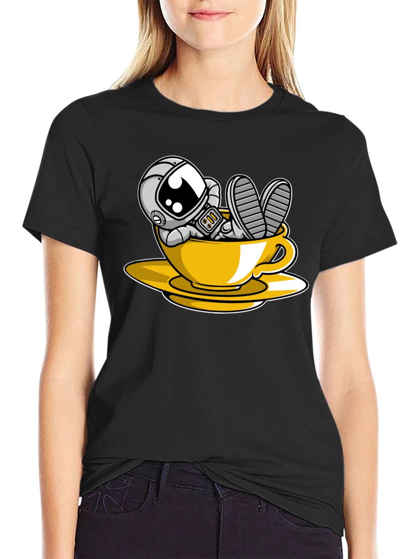 Astronaut in Teacup Graphic Black T-Shirt