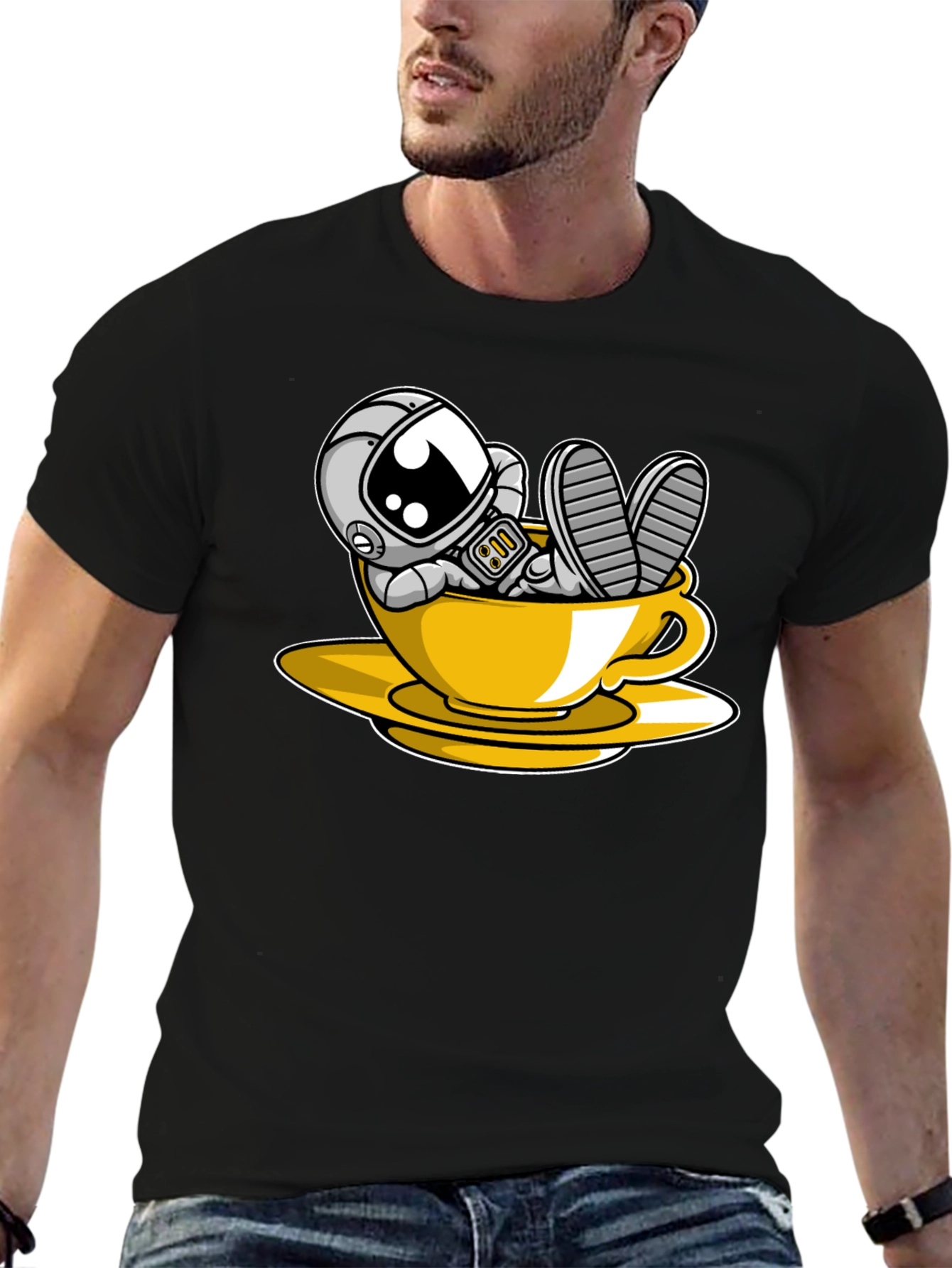 Astronaut in Teacup Graphic Black T-Shirt