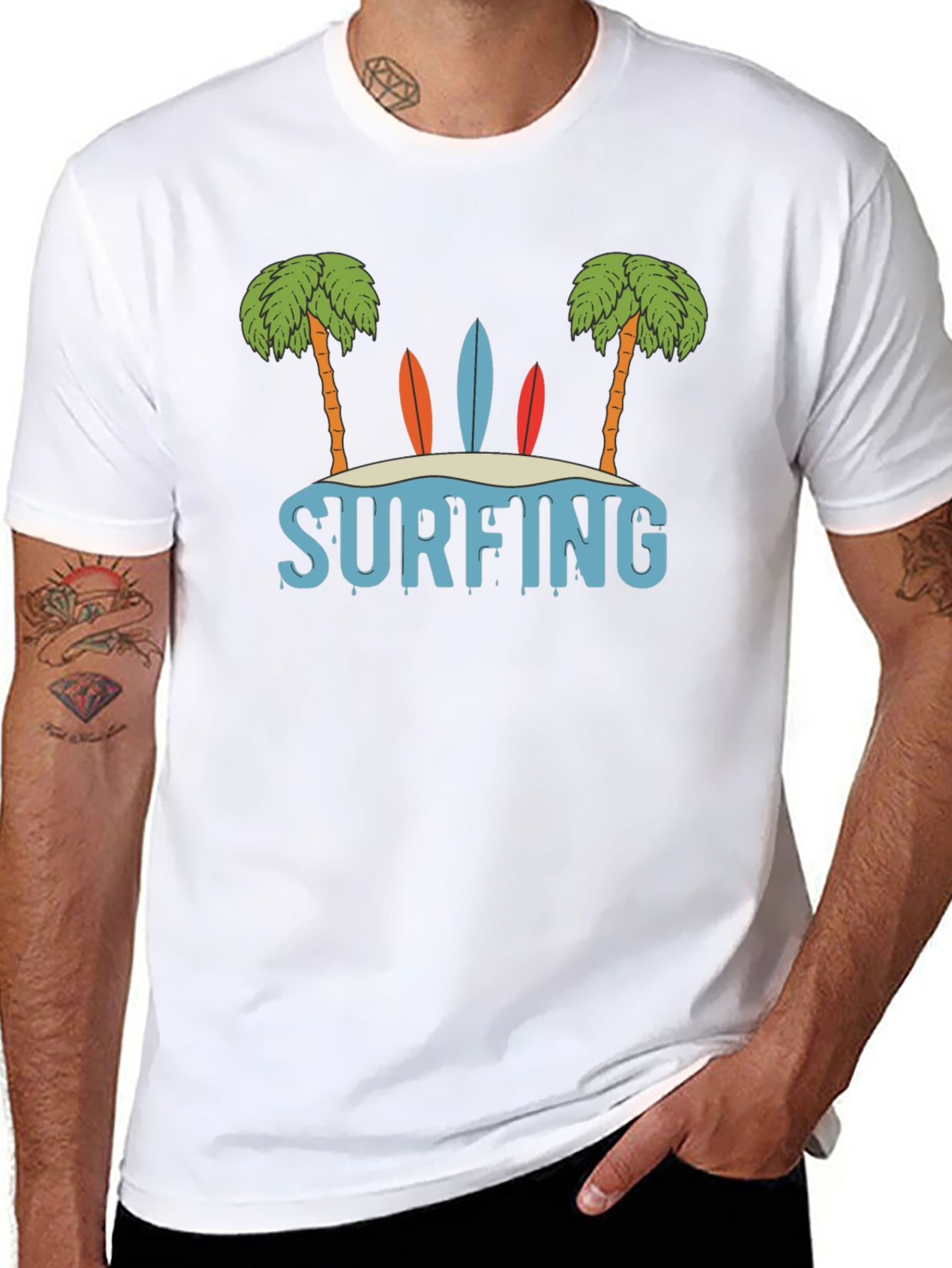Surfing Beach Palm Tree Graphic T-Shirt