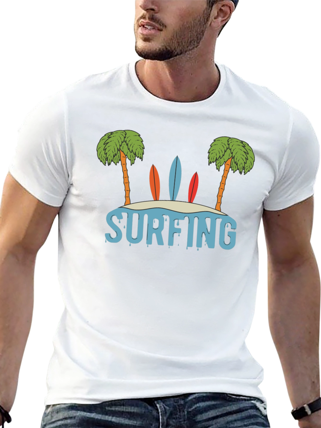 Surfing Beach Palm Tree Graphic T-Shirt