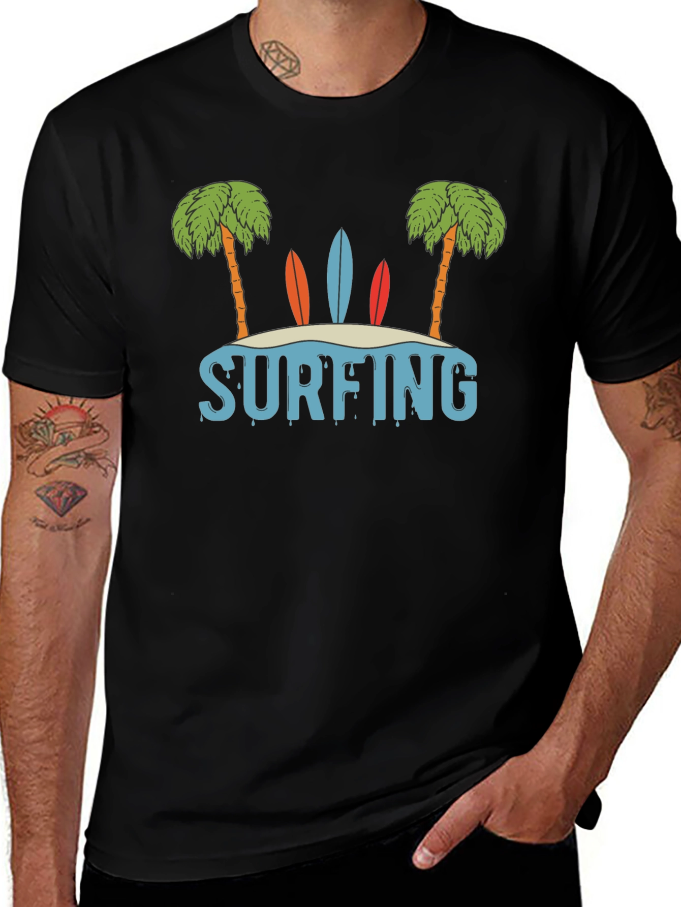 Surfing Beach Palm Tree Graphic T-Shirt