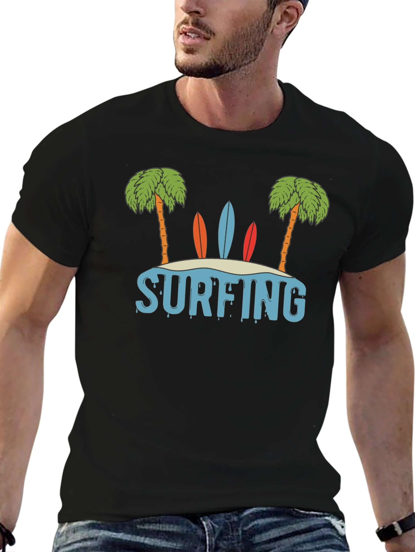 Surfing Beach Palm Tree Graphic T-Shirt