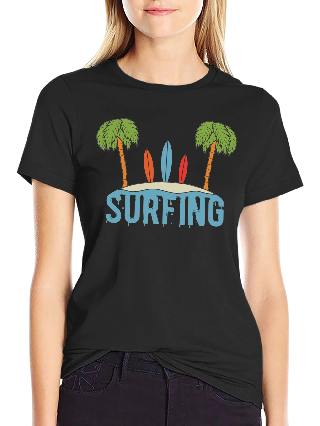 Surfing Beach Palm Tree Graphic T-Shirt