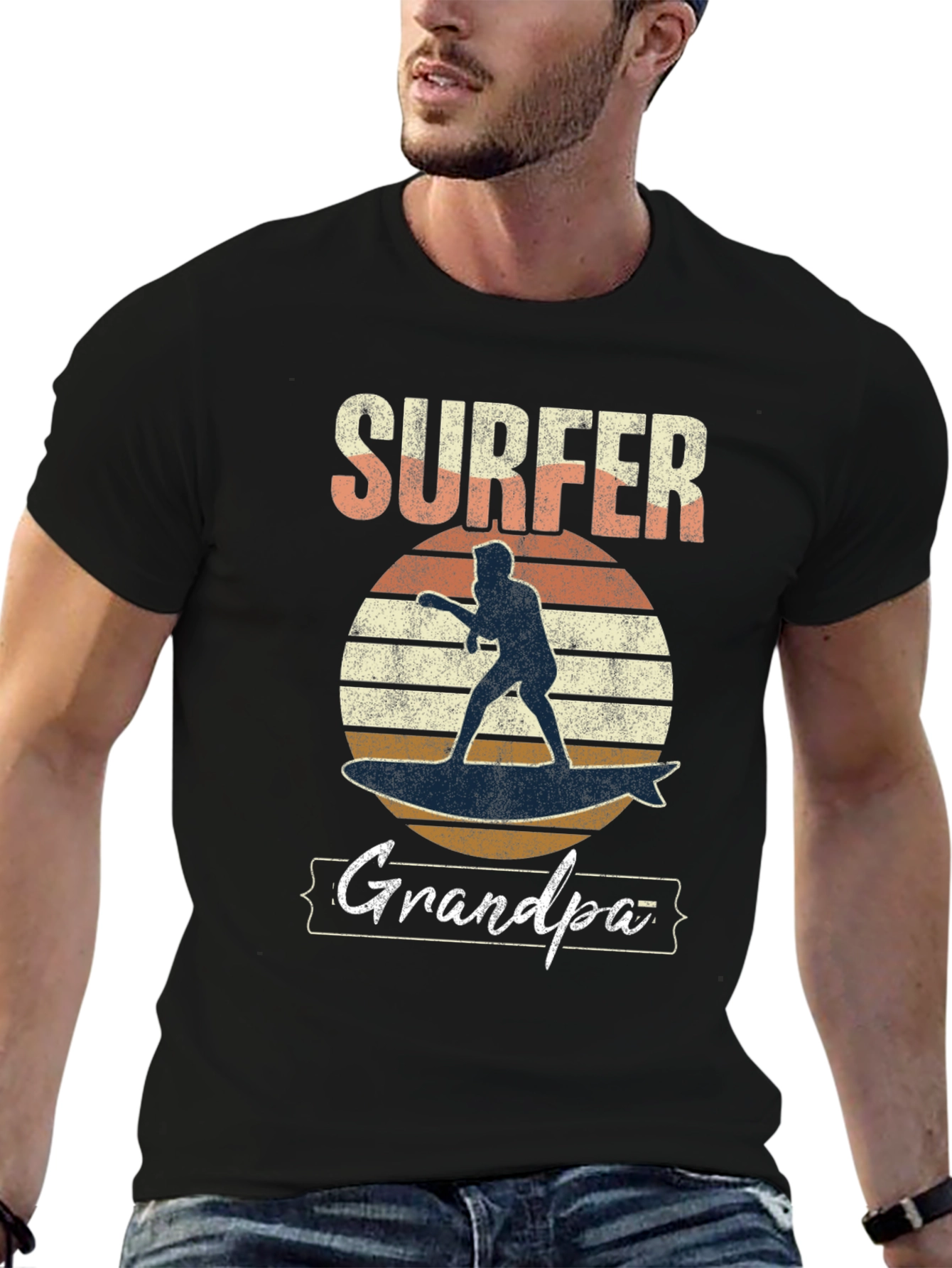 Surfer Grandpa Graphic Tee - Black Cotton T-Shirt