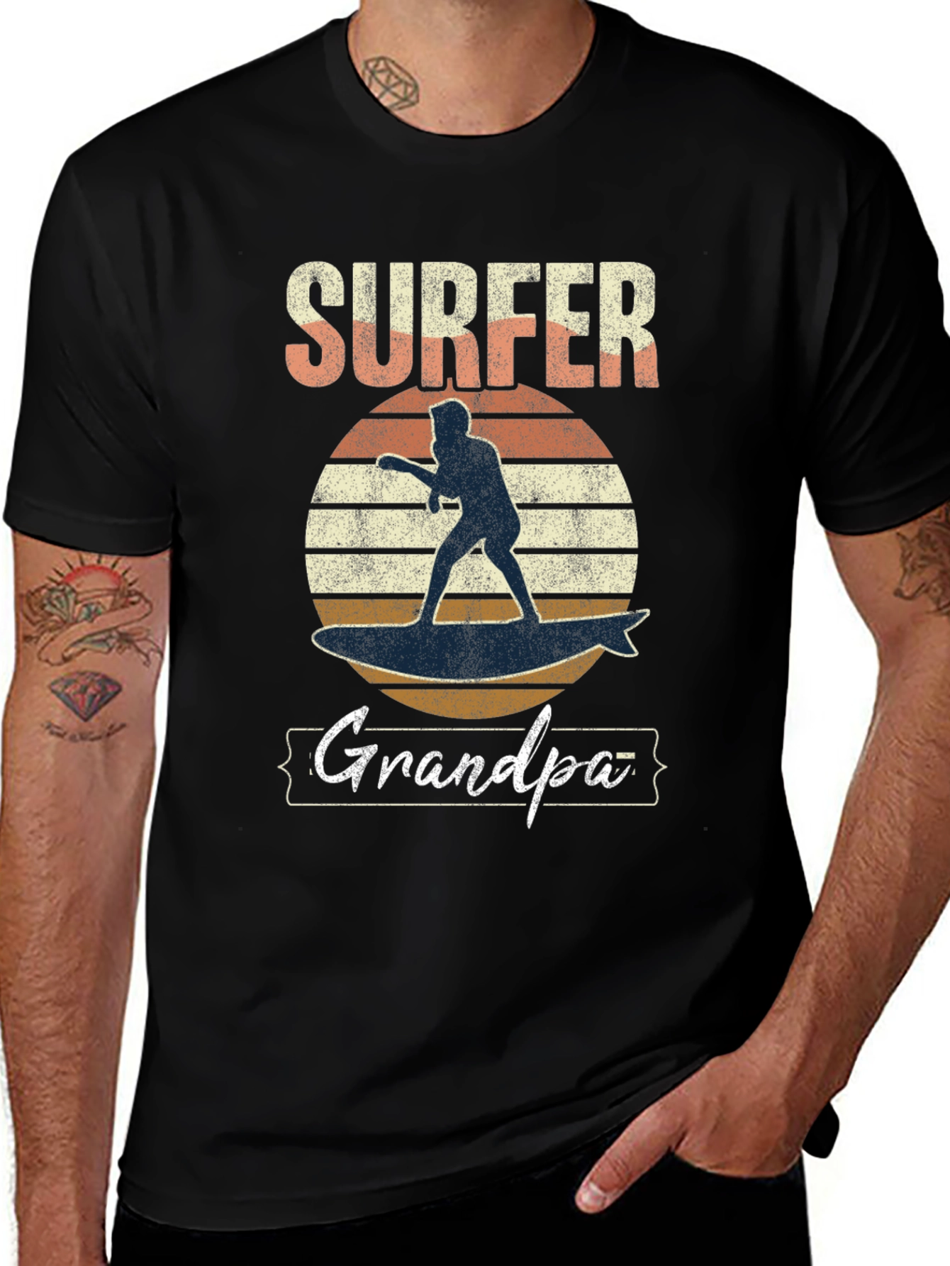 Surfer Grandpa Graphic Tee - Black Cotton T-Shirt