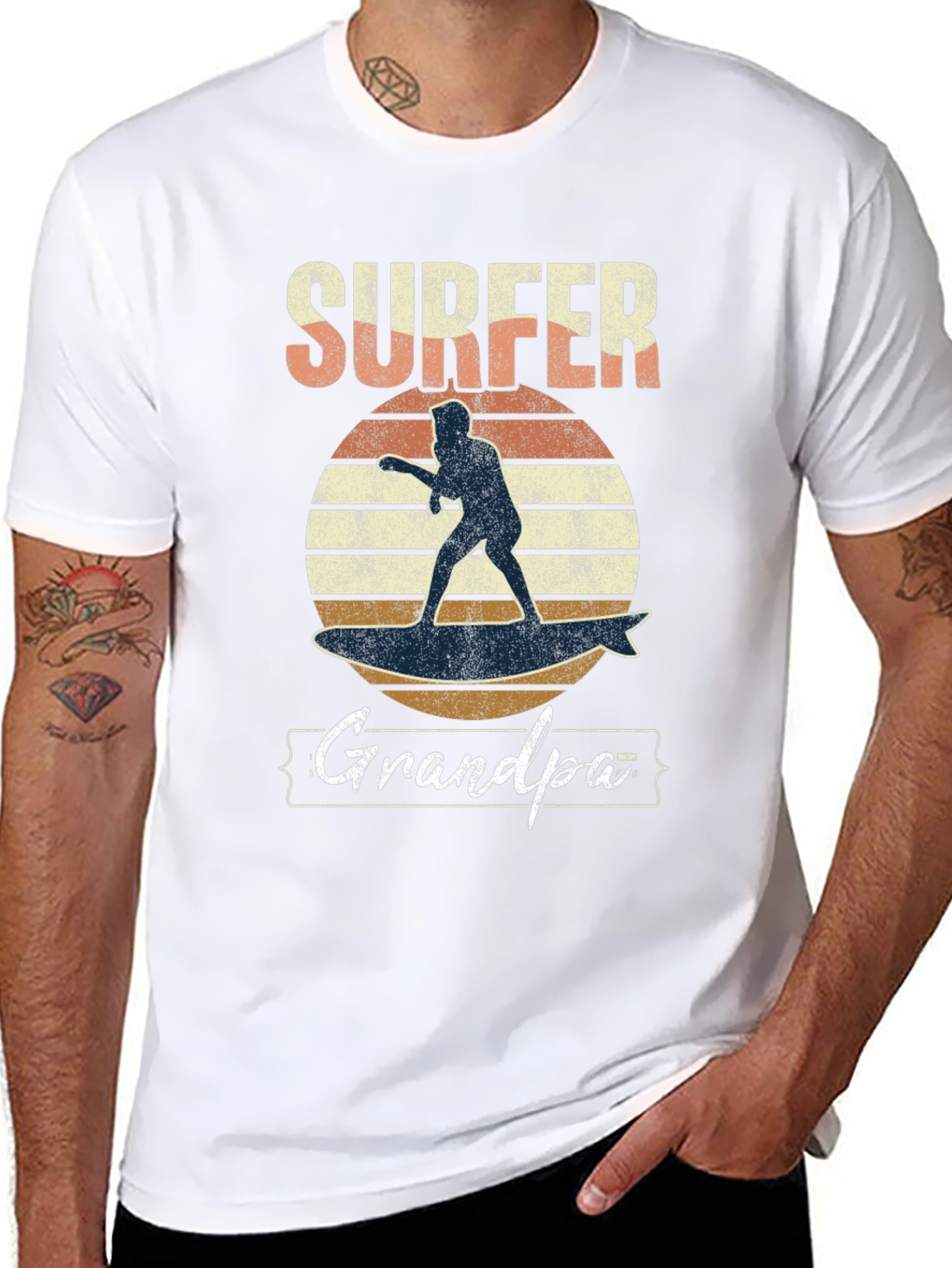 Surfer Grandpa Graphic Tee - Black Cotton T-Shirt