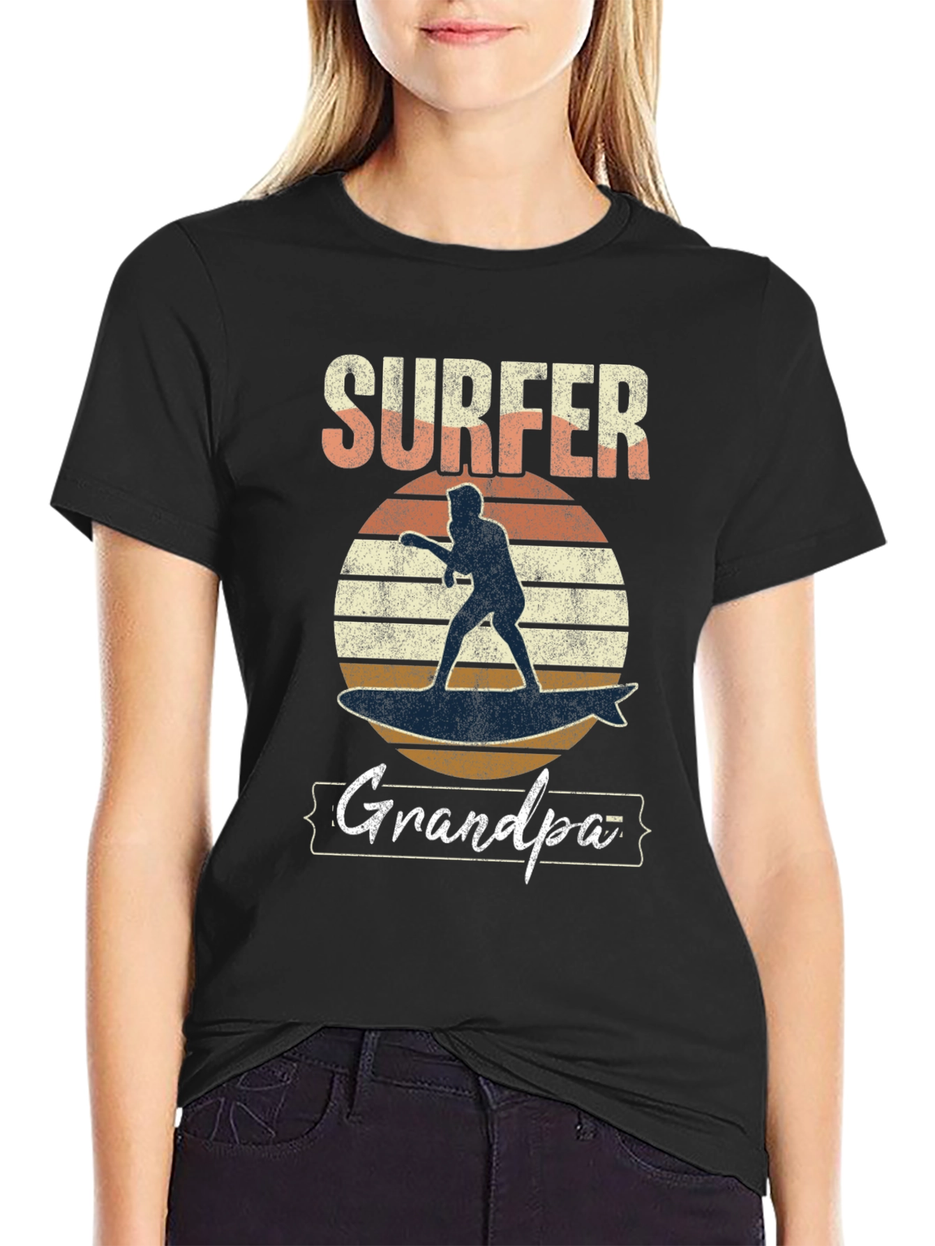 Surfer Grandpa Graphic Tee - Black Cotton T-Shirt