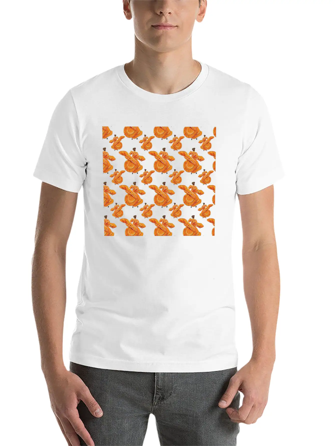 Orange Ballet Dancers Baile Folklorico Pattern Stylish Everyday T-Shirt – Unisex Basic Cotton Tee