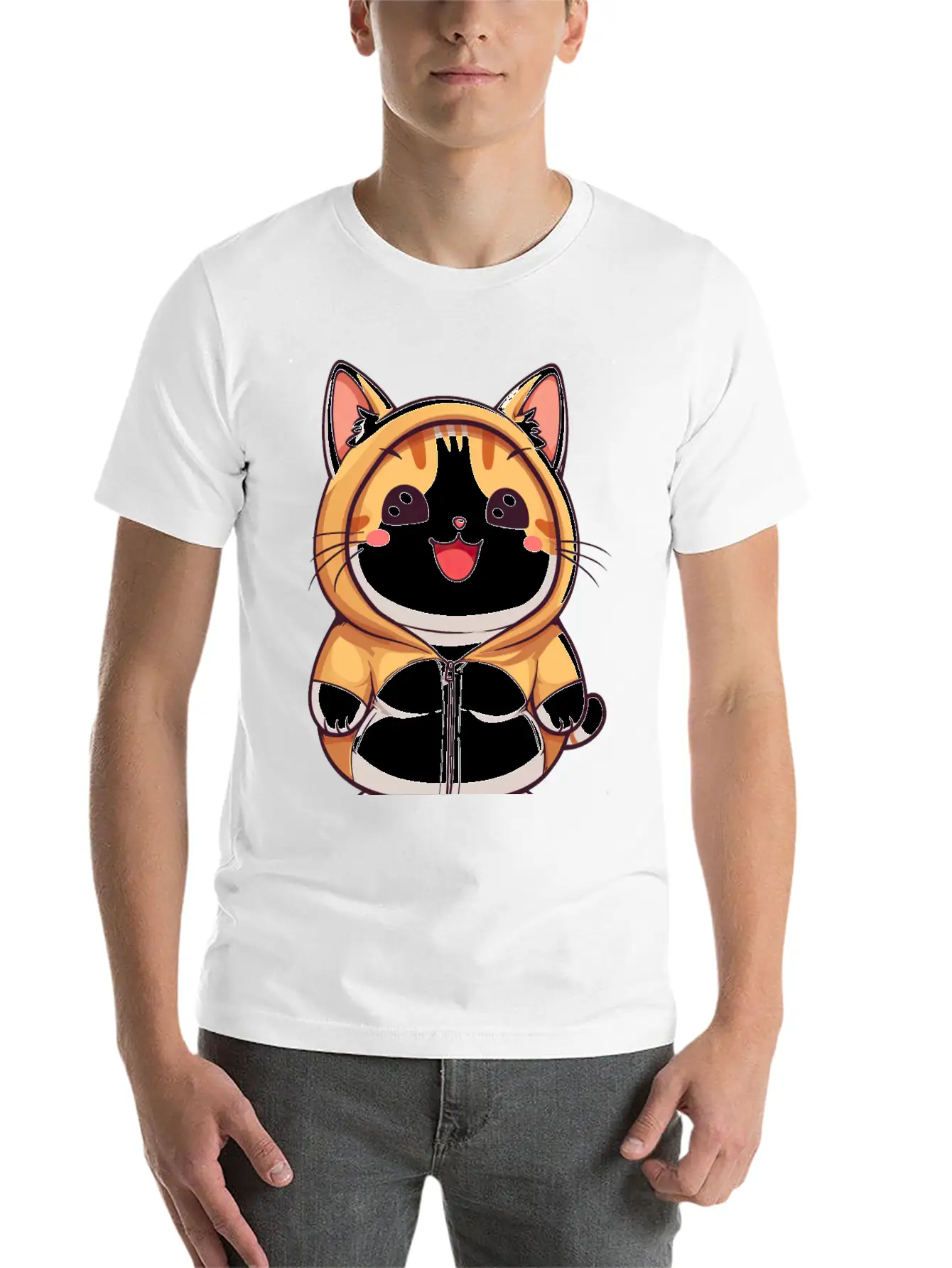 Orange Kawaii Cat In Hoodie Unisex Casual T-Shirt – Clean Design For Daily Comfort