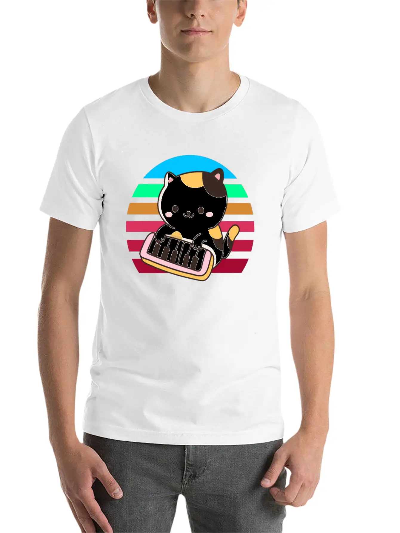 Piano Keyboard Cat Sunset Basic Graphic T-Shirt – Daily Comfort In Soft Cotton