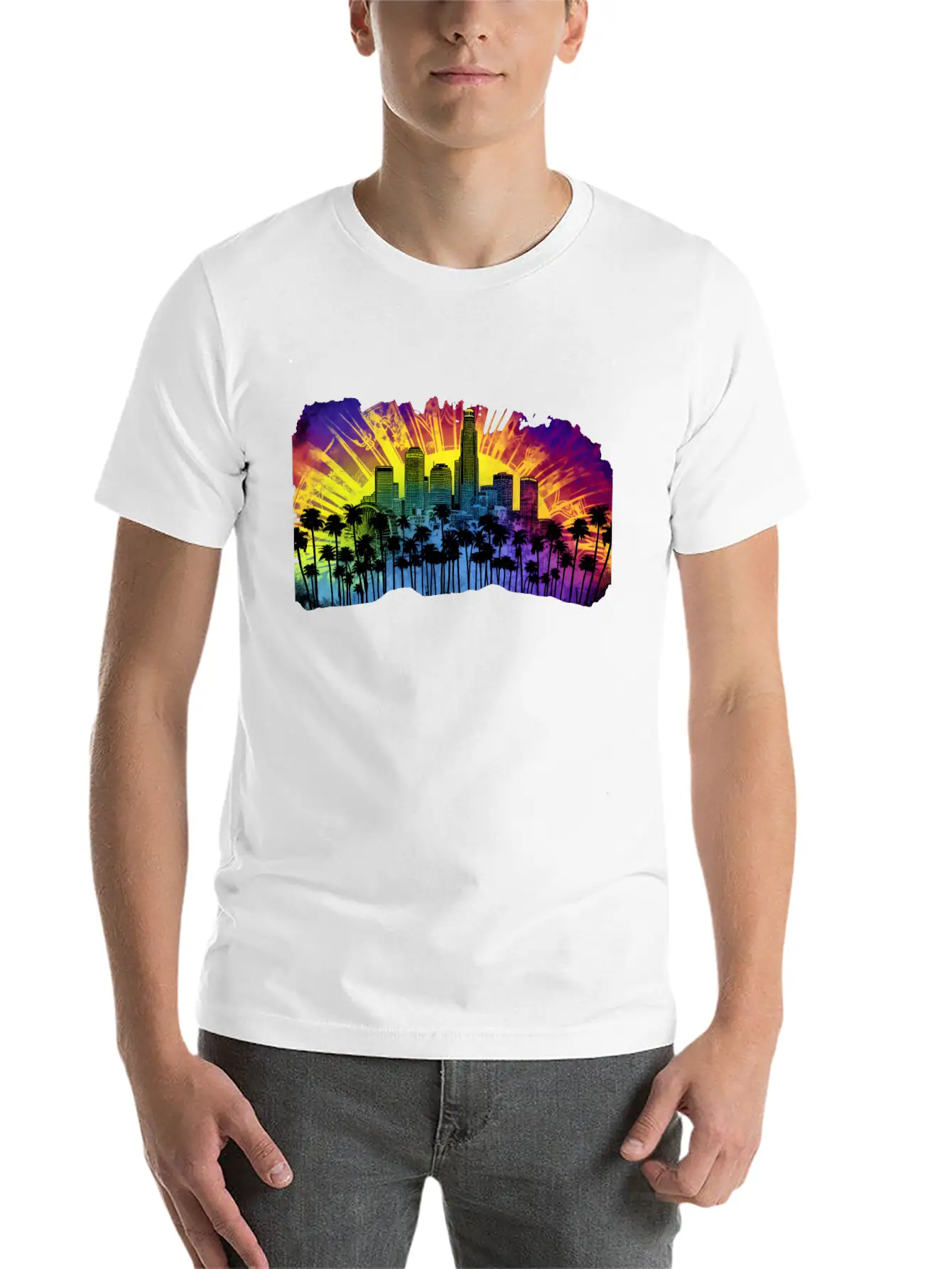 Psychedelic Los Angele A Tie Dye Surreal Cityscape Lightweight Cotton T-Shirt – Daily Comfort Graphic Shirt