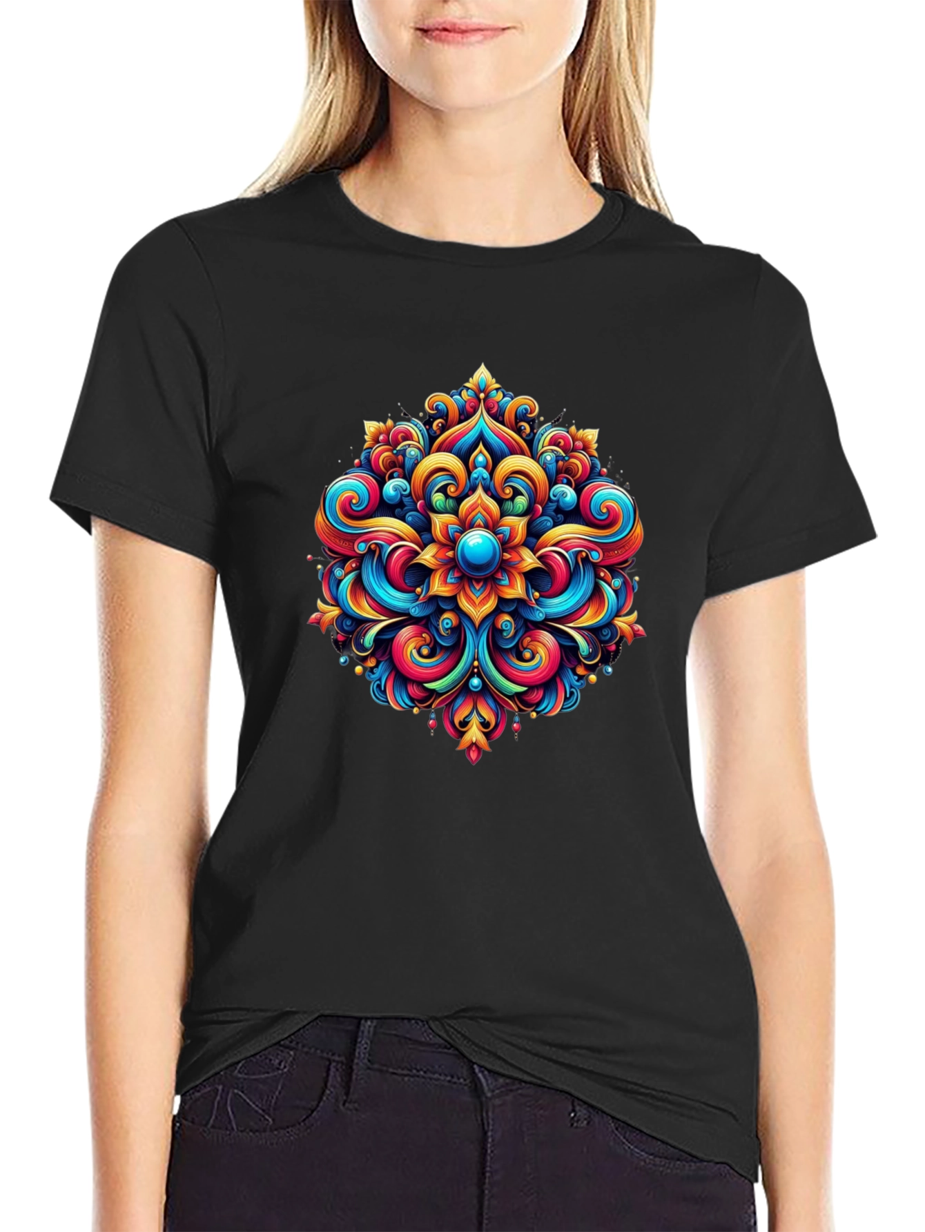 Vibrant Mandala Graphic Tee - Stylish Black T-Shirt