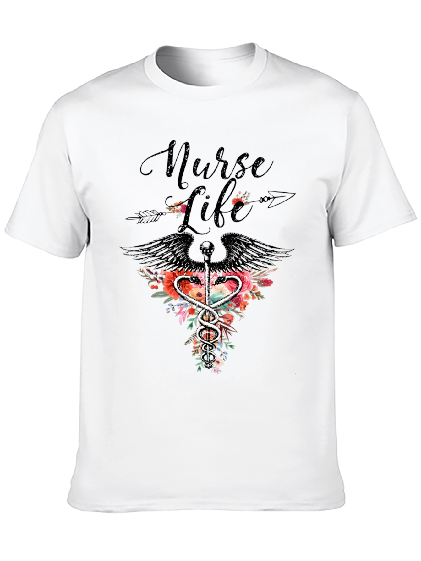 Nurse Life Floral Caduceus Graphic Tee