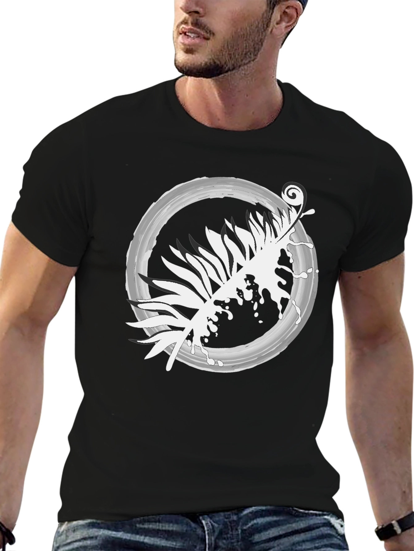 Abstract Leaf Design Black T-Shirt
