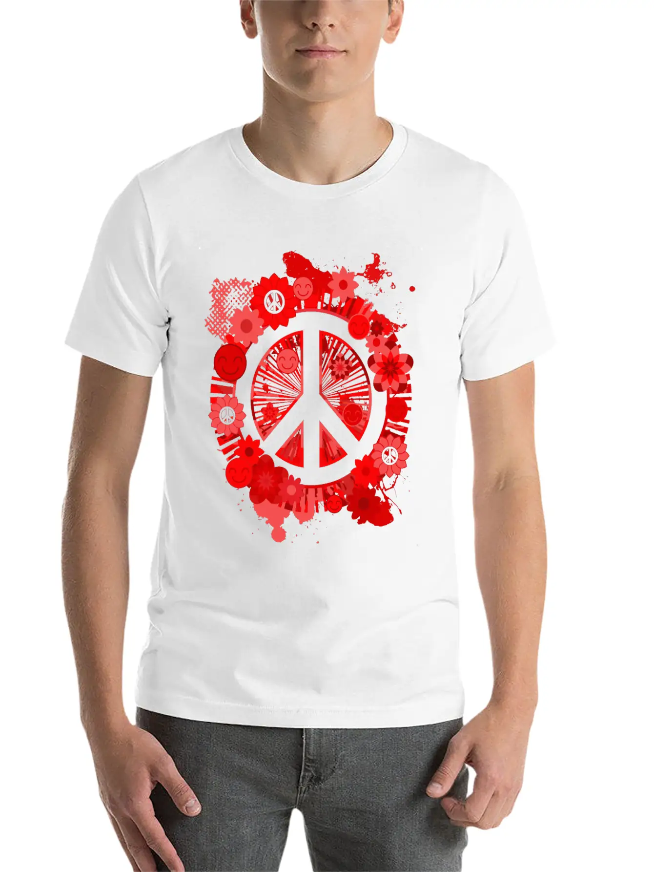 Red Peace Sign 70's Hippie Happiness Flowers Classic Fit Graphic Tee For Daily Comfort – Unisex Cotton Shirt