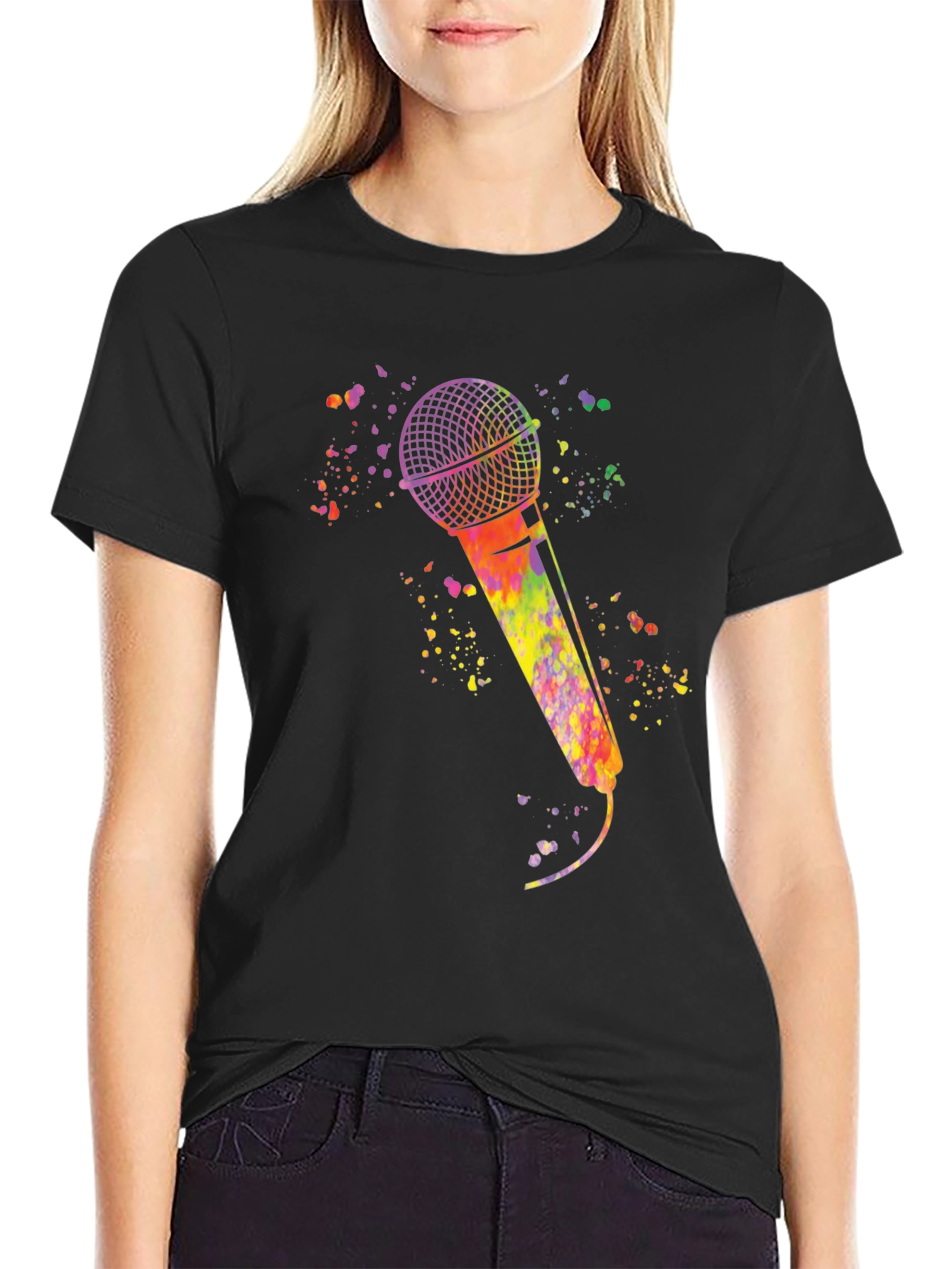 Watercolor Microphone Black T-Shirt