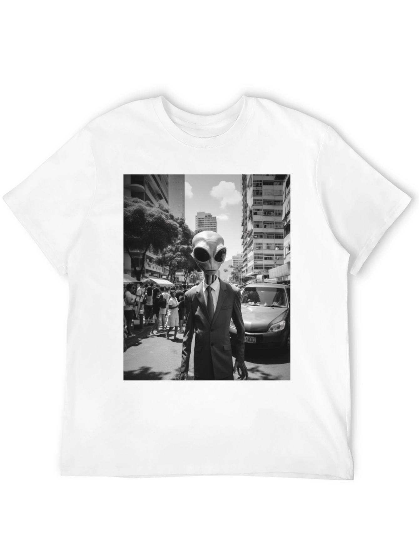 Alien in Suit Graphic Tee - Black Cotton T-Shirt