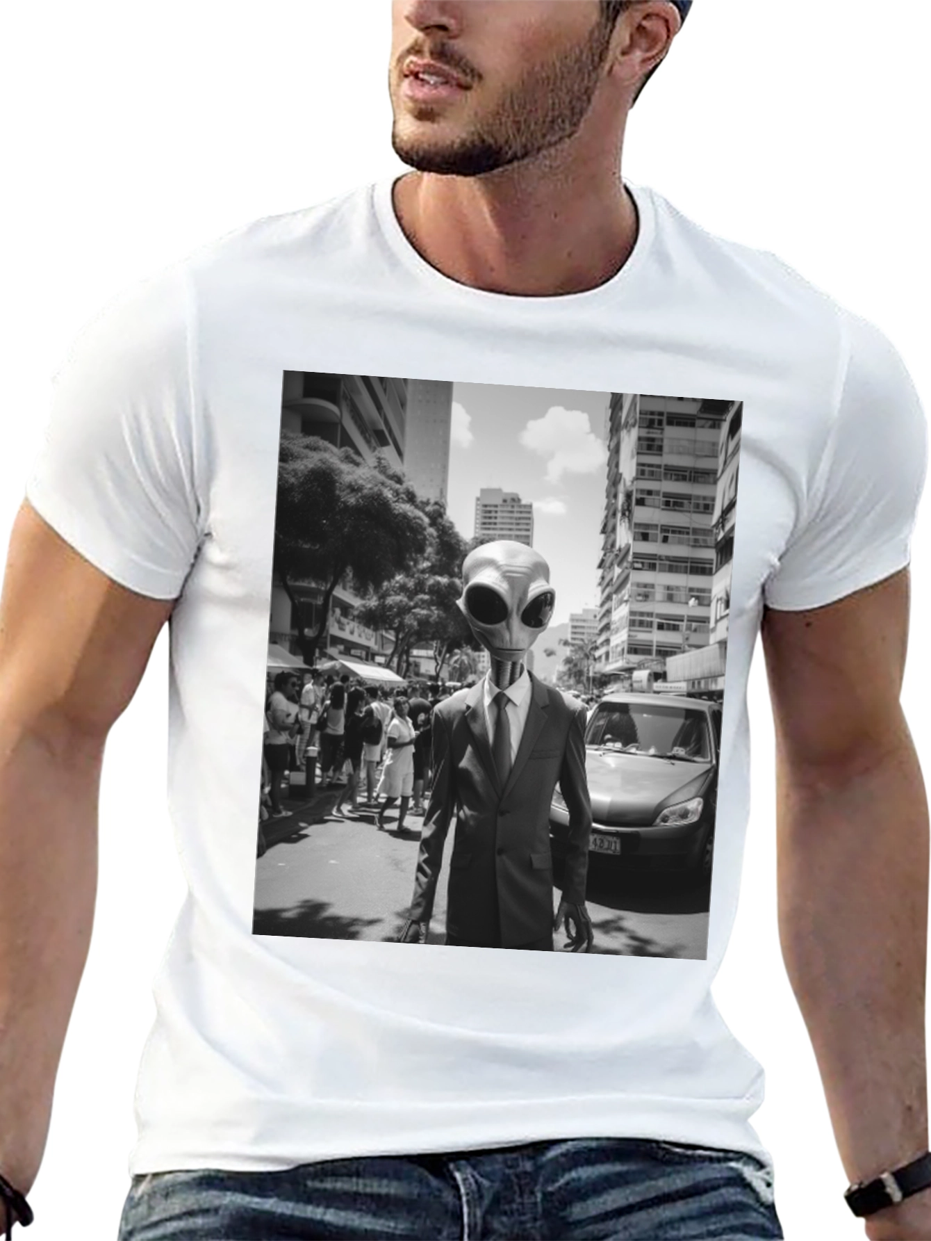 Alien in Suit Graphic Tee - Black Cotton T-Shirt