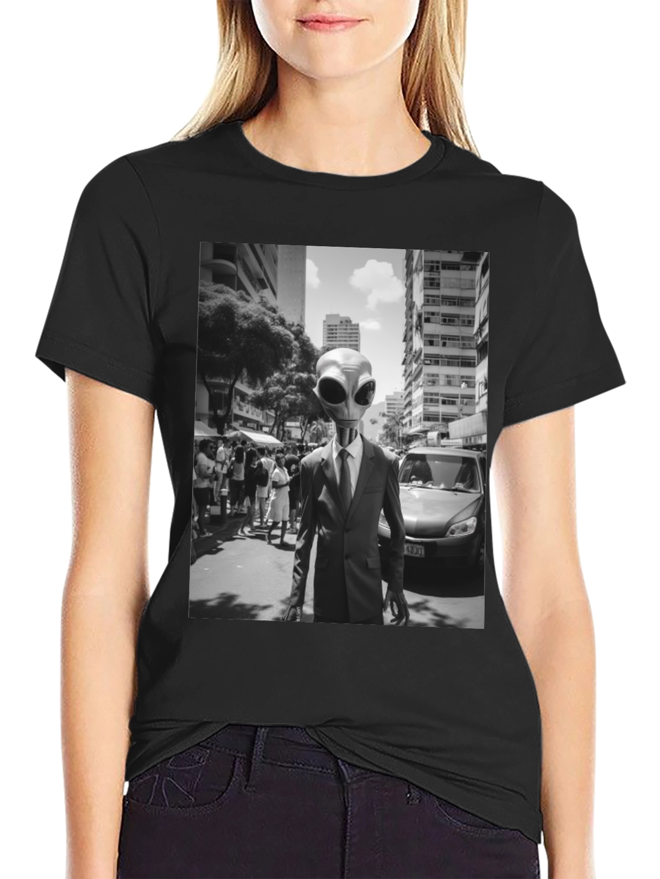Alien in Suit Graphic Tee - Black Cotton T-Shirt