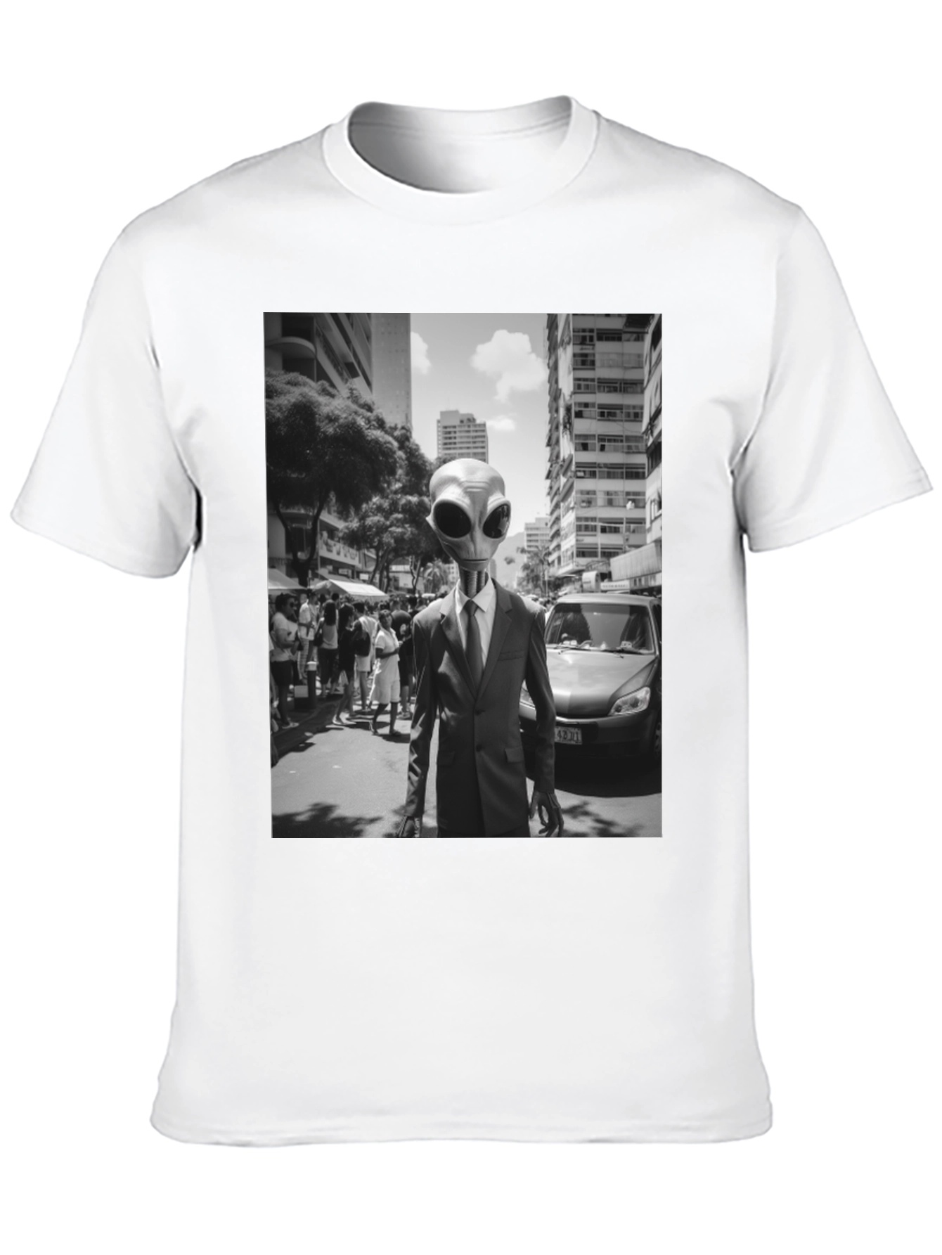 Alien in Suit Graphic Tee - Black Cotton T-Shirt
