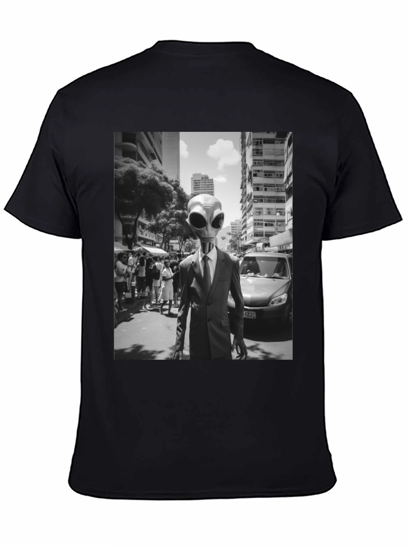Alien in Suit Graphic Tee - Black Cotton T-Shirt