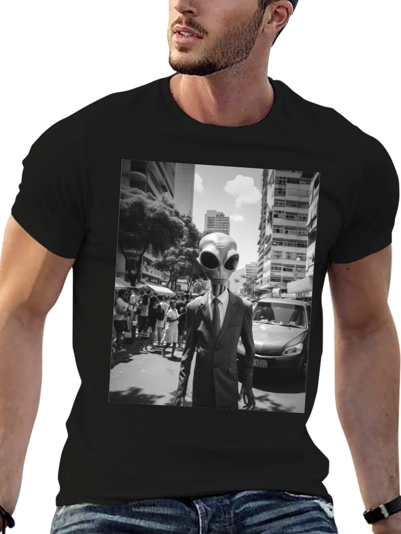 Alien in Suit Graphic Tee - Black Cotton T-Shirt