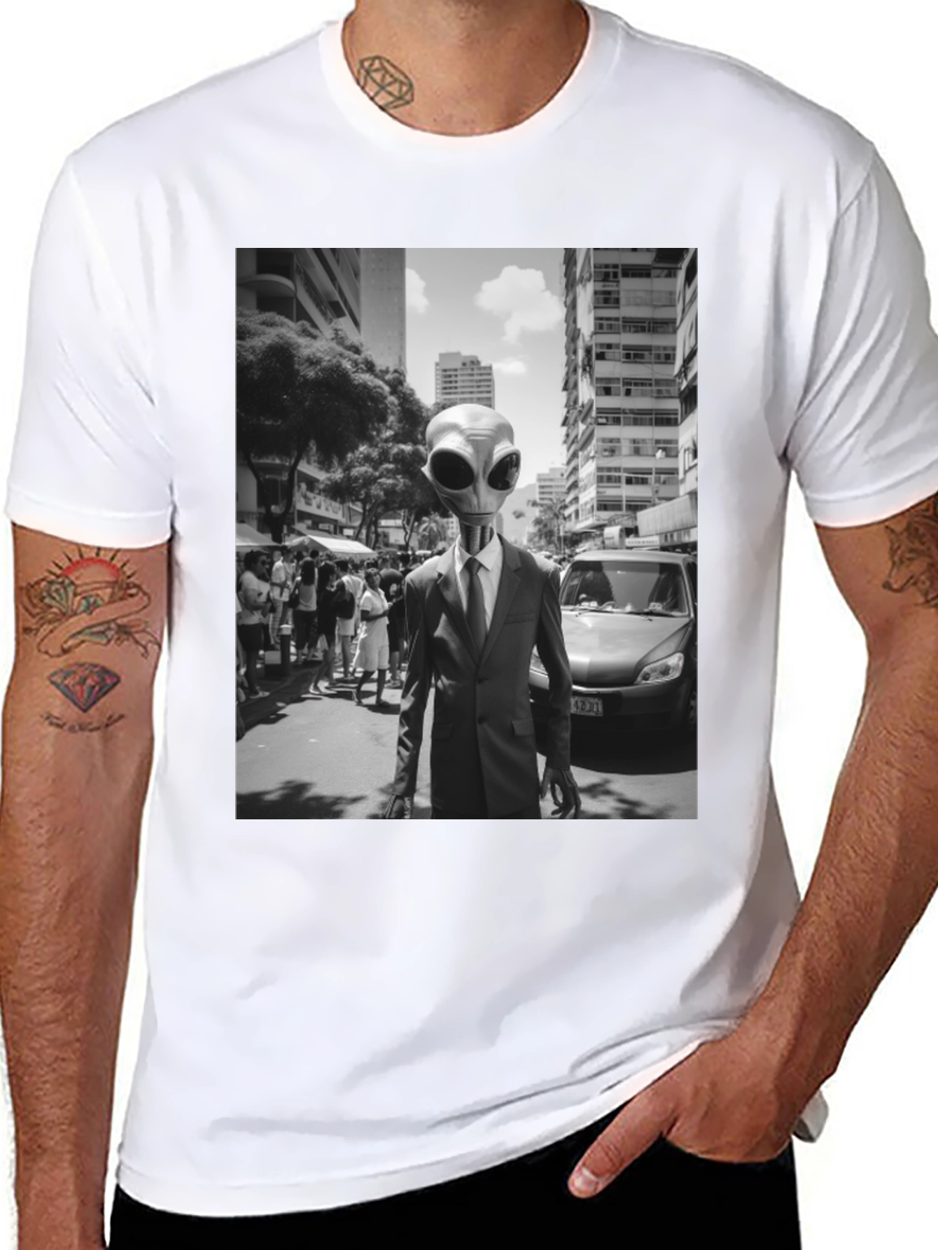 Alien in Suit Graphic Tee - Black Cotton T-Shirt