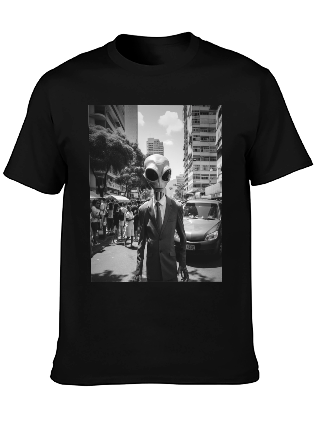 Alien in Suit Graphic Tee - Black Cotton T-Shirt