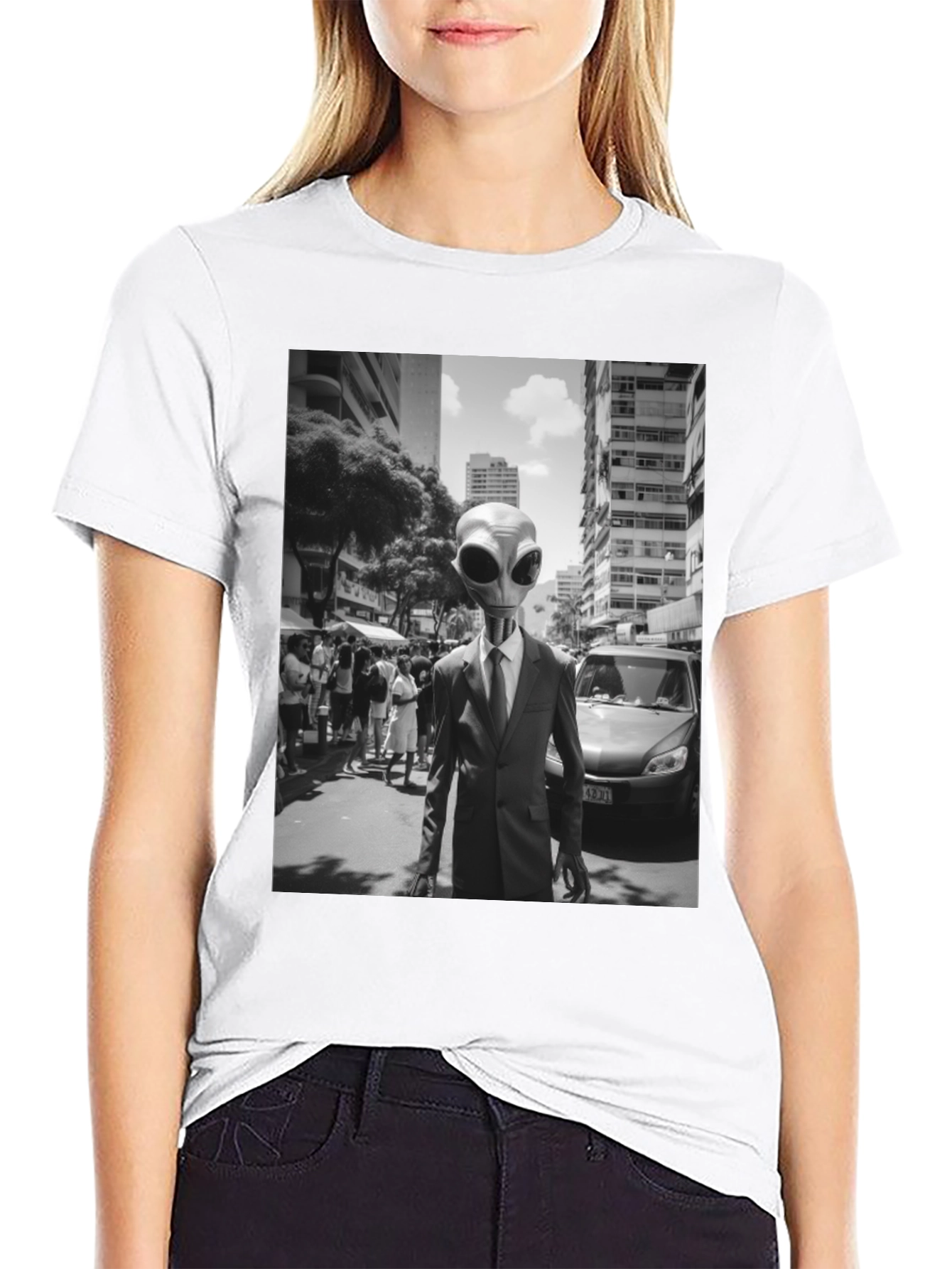 Alien in Suit Graphic Tee - Black Cotton T-Shirt
