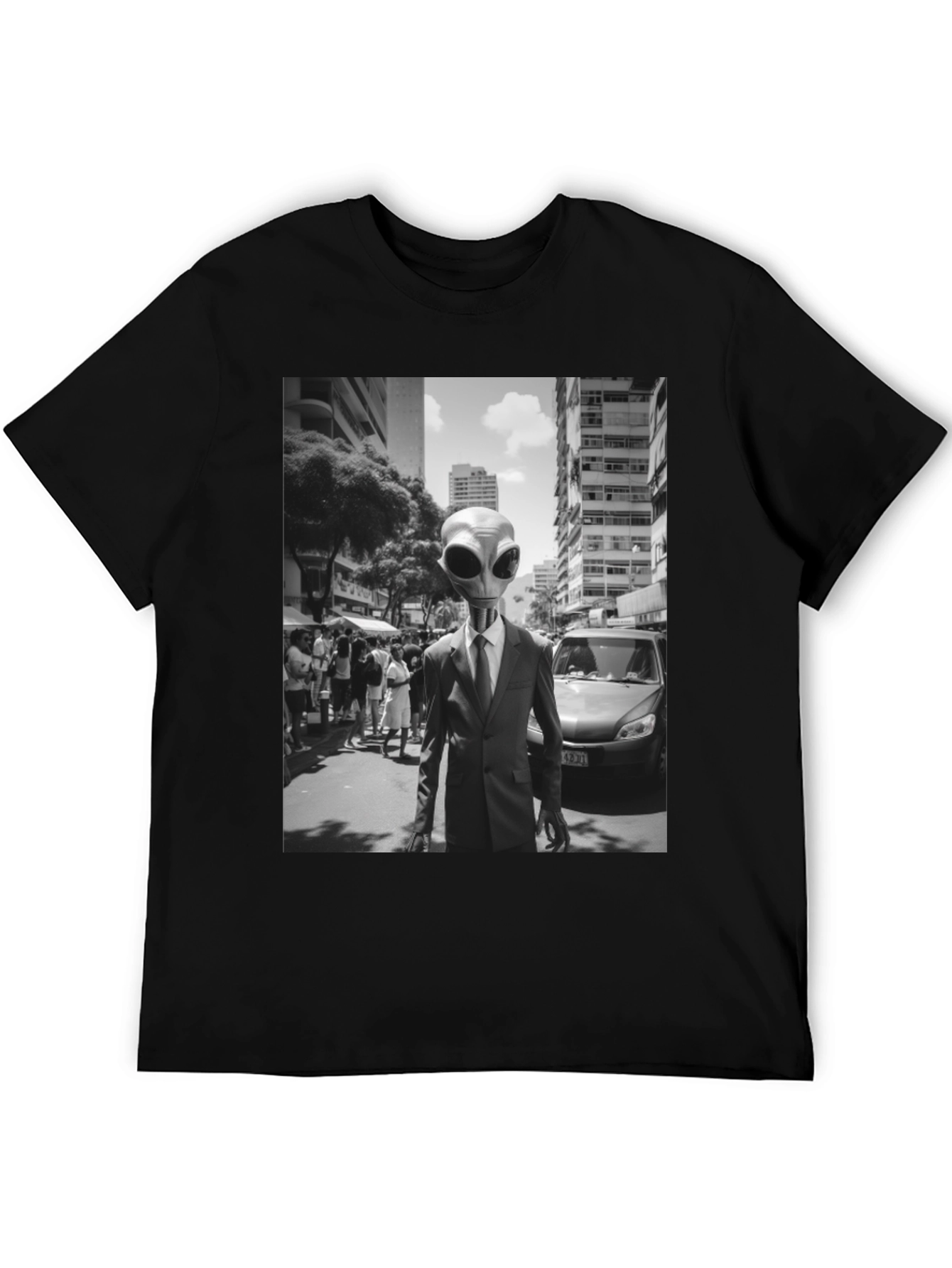 Alien in Suit Graphic Tee - Black Cotton T-Shirt
