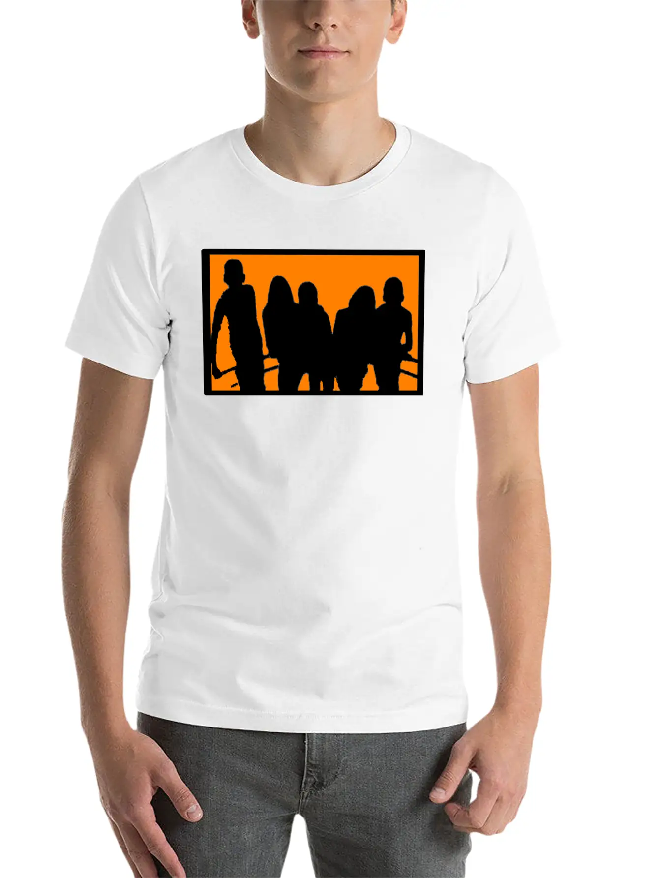 Silhouette Of A Group Against Orange Background Stylish Everyday T-Shirt – Unisex Basic Cotton Tee