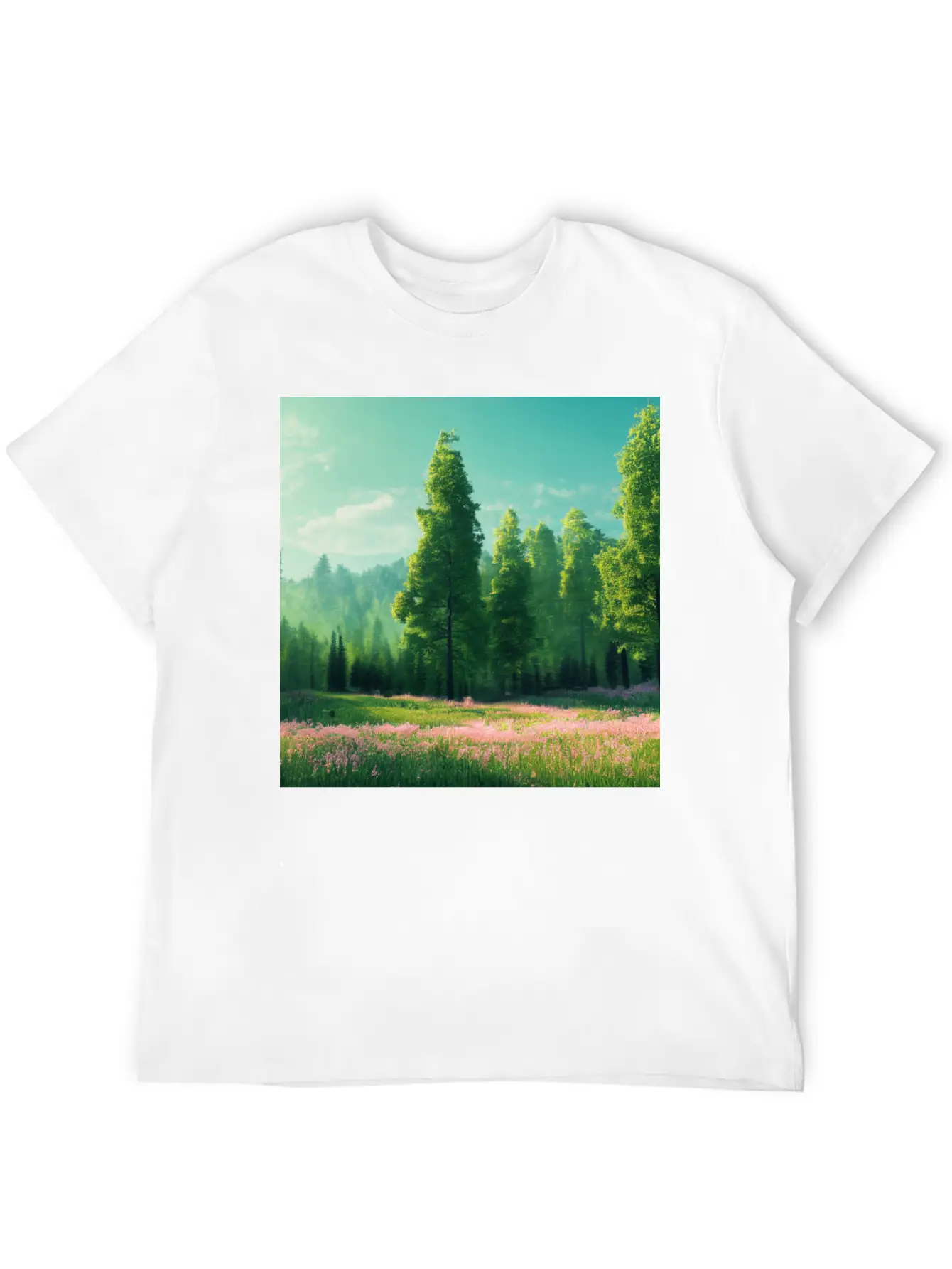 Spring Landscape With Flower Meadow And Forest In Stylish Everyday T-Shirt – Unisex Basic Cotton Tee