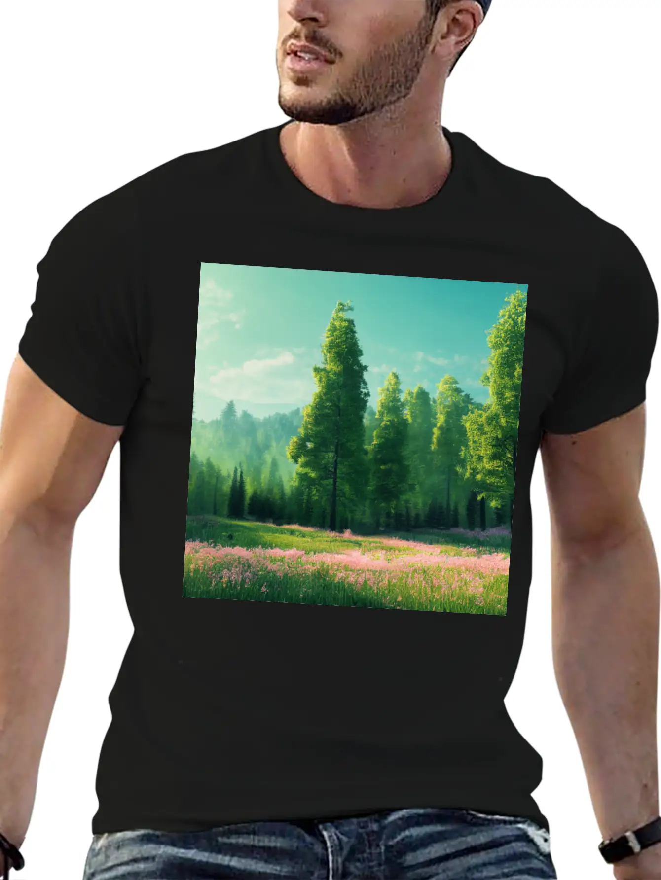 Spring Landscape With Flower Meadow And Forest In Stylish Everyday T-Shirt – Unisex Basic Cotton Tee