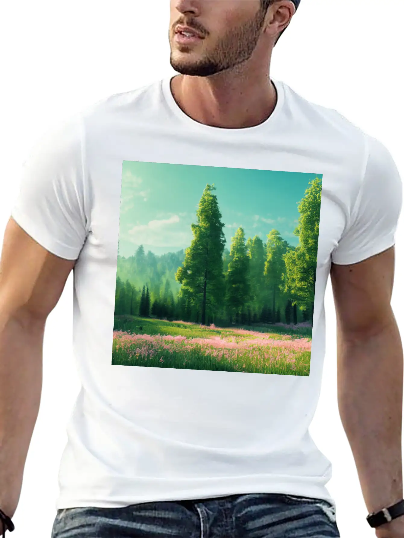 Spring Landscape With Flower Meadow And Forest In Stylish Everyday T-Shirt – Unisex Basic Cotton Tee