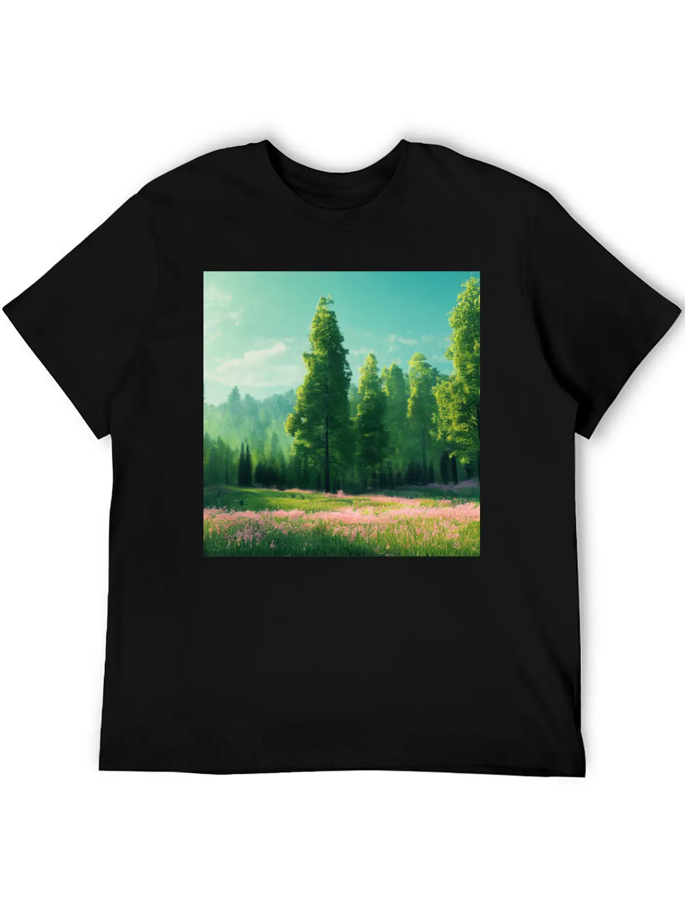 Spring Landscape With Flower Meadow And Forest In Stylish Everyday T-Shirt – Unisex Basic Cotton Tee