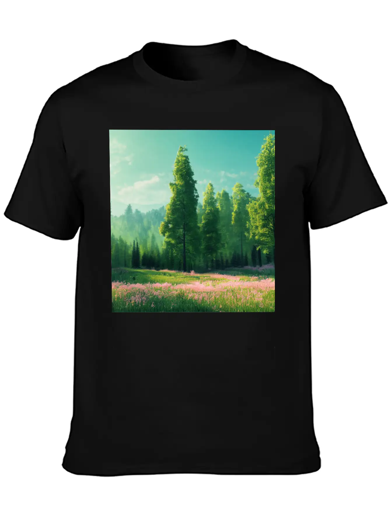 Spring Landscape With Flower Meadow And Forest In Stylish Everyday T-Shirt – Unisex Basic Cotton Tee