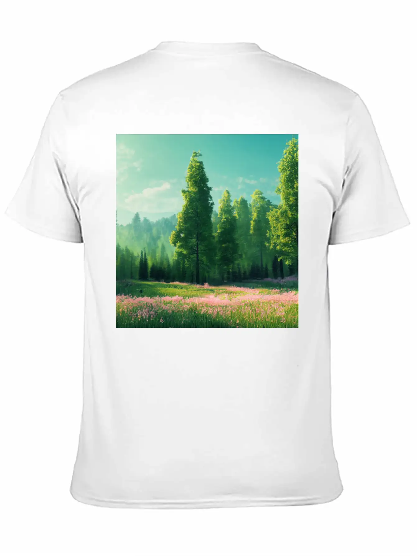 Spring Landscape With Flower Meadow And Forest In Stylish Everyday T-Shirt – Unisex Basic Cotton Tee