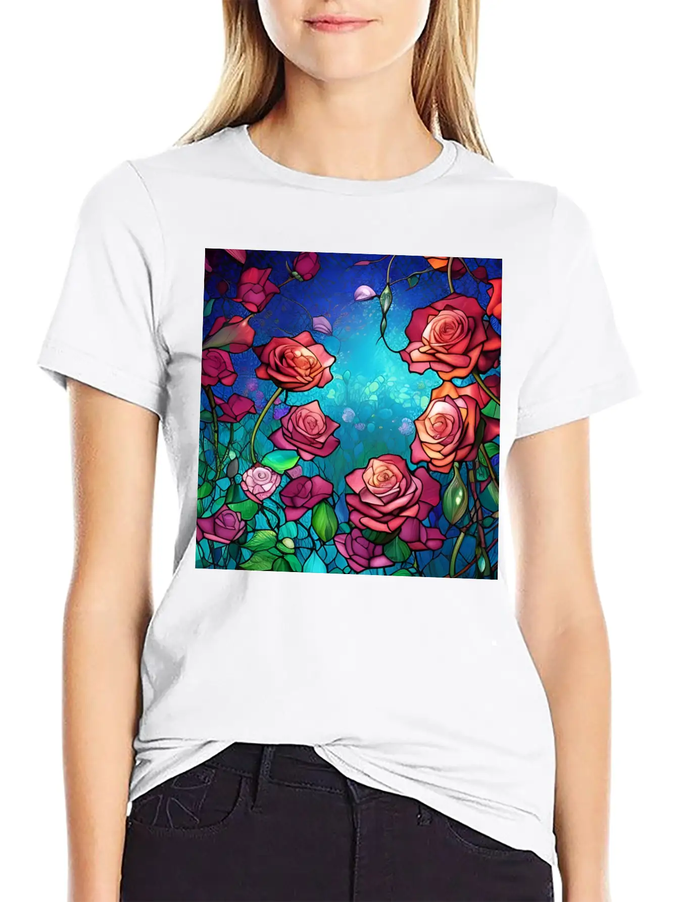 Stained Glass Roses Modern Fit Casual T-Shirt – Clean And Versatile Design