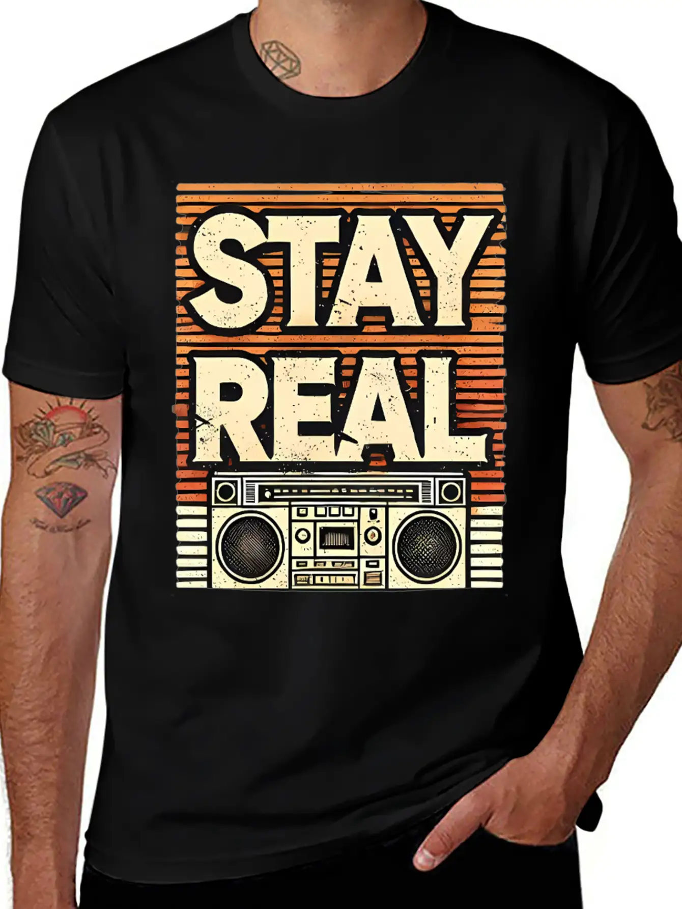 Stay Real – Retro Boombox Streetwear Design Lightweight Cotton T-Shirt – Daily Comfort Graphic Shirt