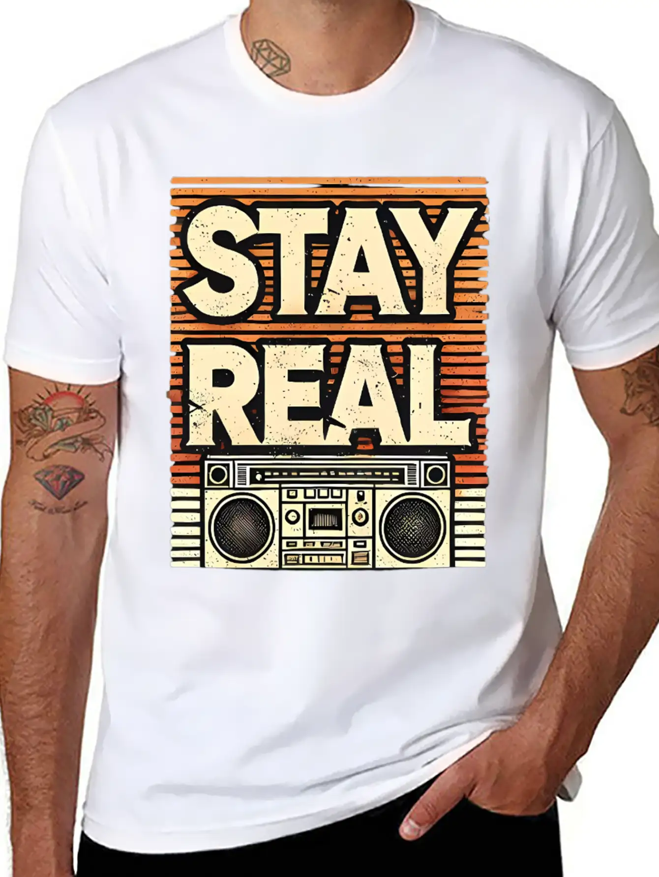 Stay Real – Retro Boombox Streetwear Design Lightweight Cotton T-Shirt – Daily Comfort Graphic Shirt