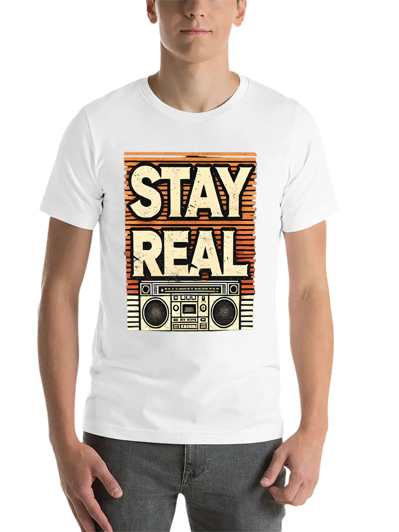 Stay Real – Retro Boombox Streetwear Design Lightweight Cotton T-Shirt – Daily Comfort Graphic Shirt