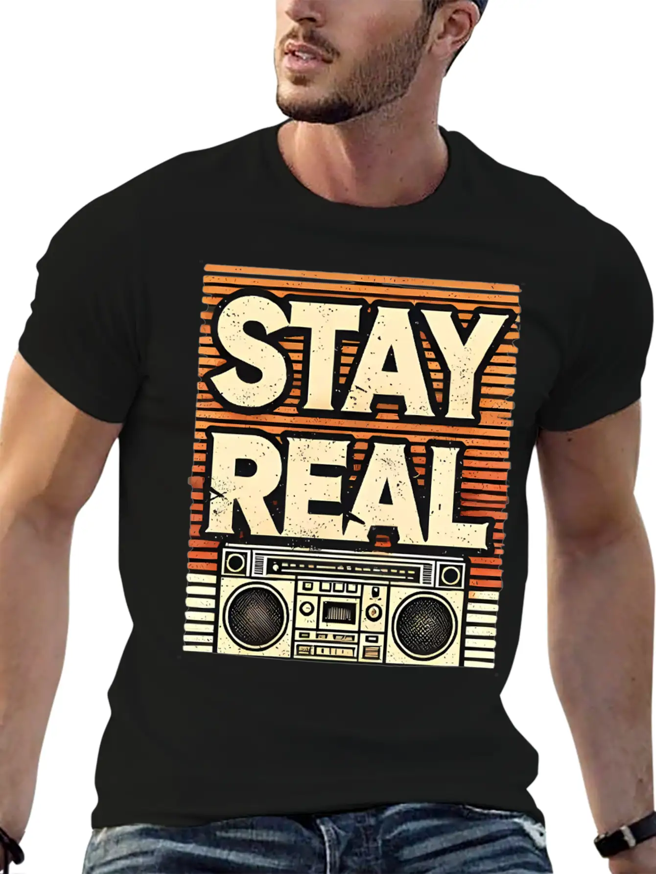 Stay Real – Retro Boombox Streetwear Design Lightweight Cotton T-Shirt – Daily Comfort Graphic Shirt