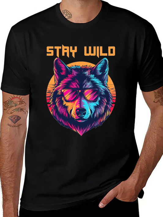 Stay Wild Wolf Colorful Retro Animal Sunglasses Essential Cotton Tee For Daily Outfits – Unisex Style