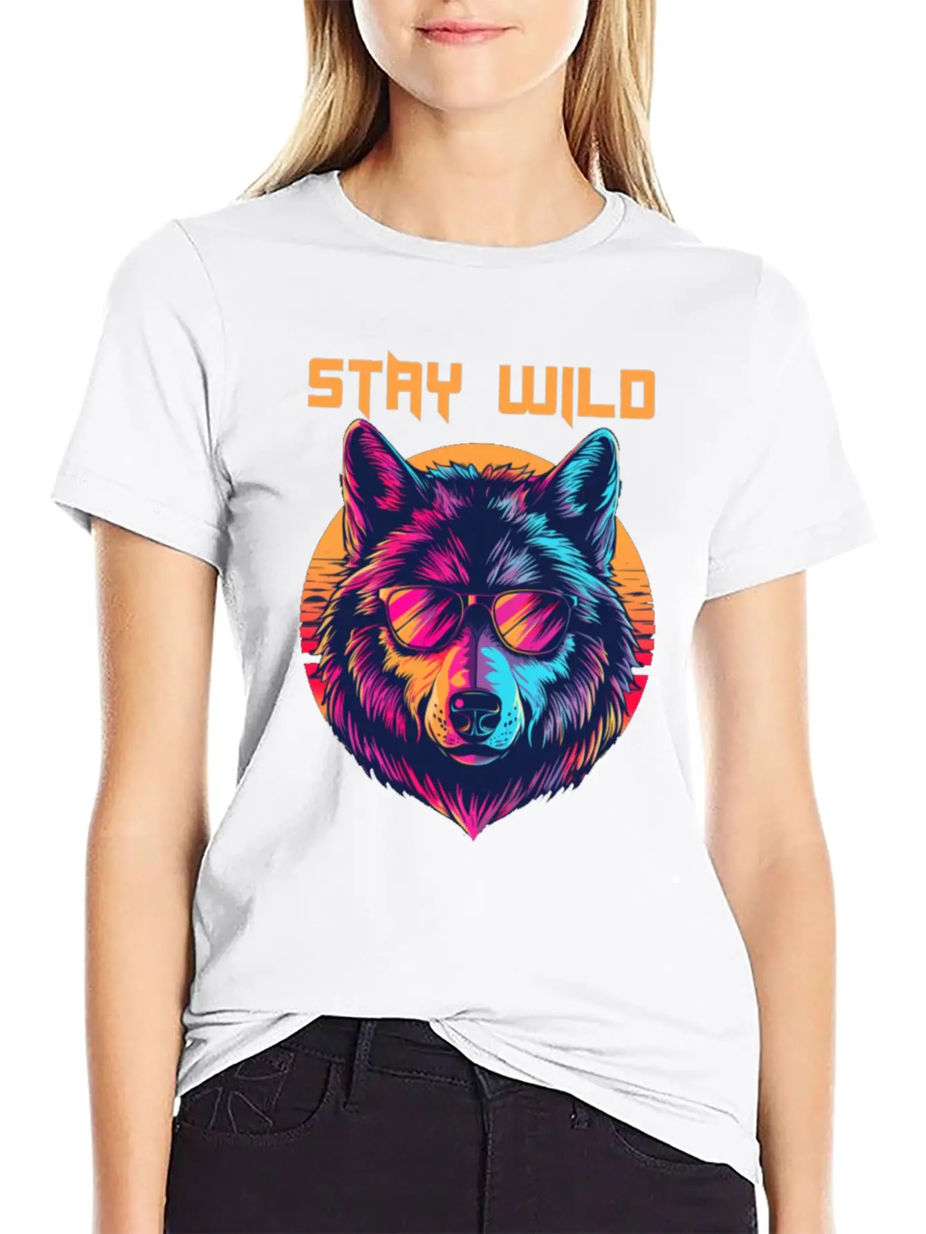 Stay Wild Wolf Colorful Retro Animal Sunglasses Essential Cotton Tee For Daily Outfits – Unisex Style