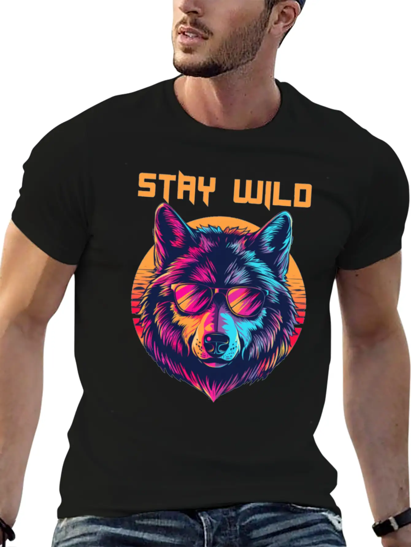 Stay Wild Wolf Colorful Retro Animal Sunglasses Essential Cotton Tee For Daily Outfits – Unisex Style