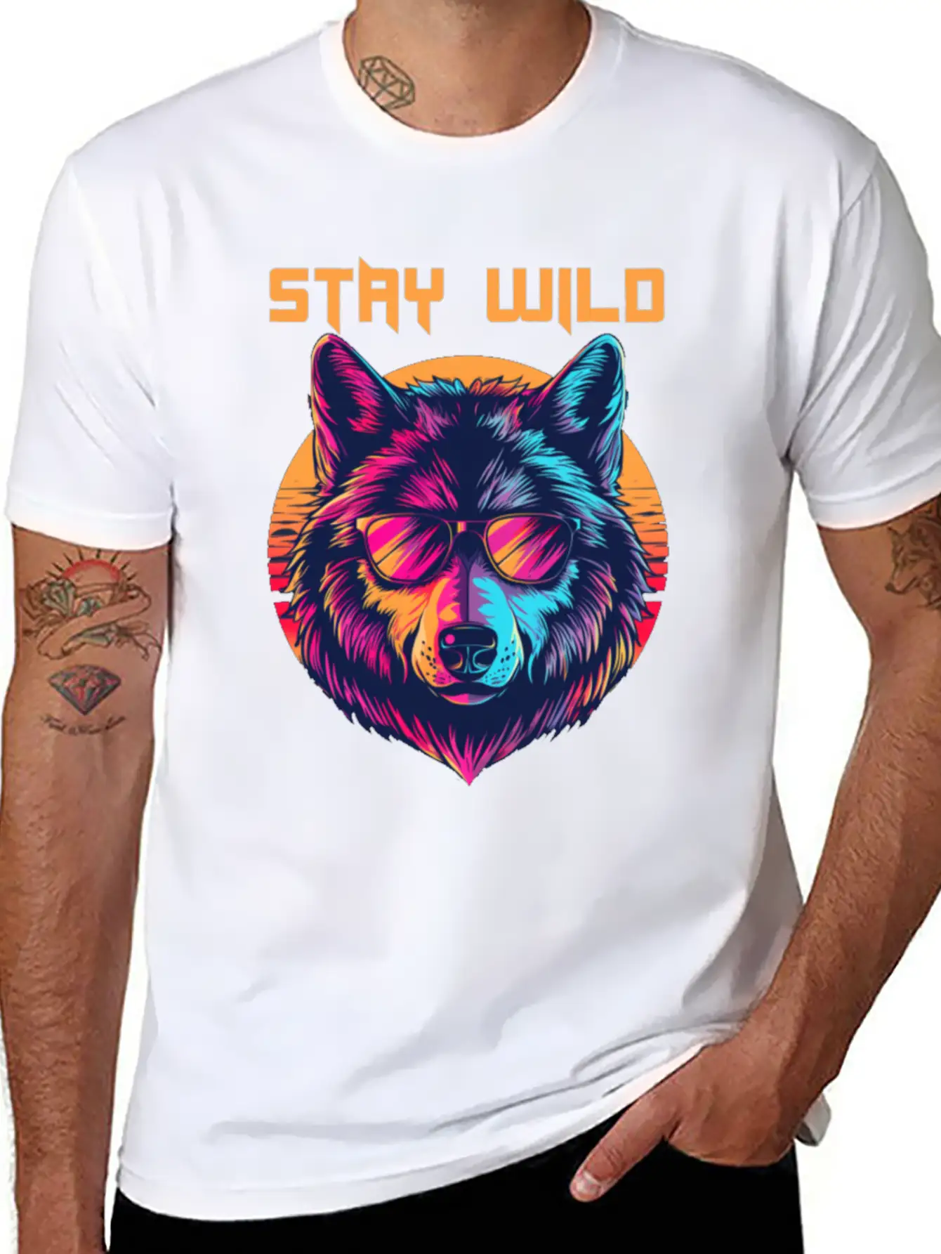 Stay Wild Wolf Colorful Retro Animal Sunglasses Essential Cotton Tee For Daily Outfits – Unisex Style