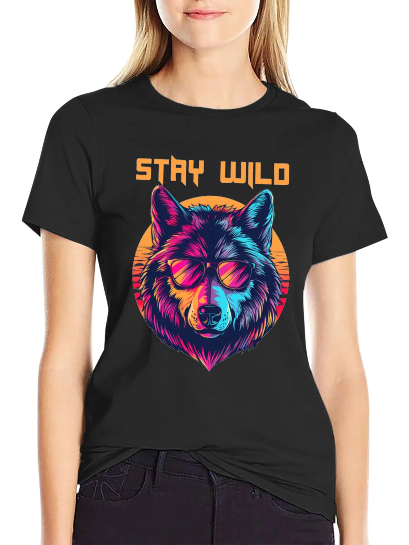 Stay Wild Wolf Colorful Retro Animal Sunglasses Essential Cotton Tee For Daily Outfits – Unisex Style