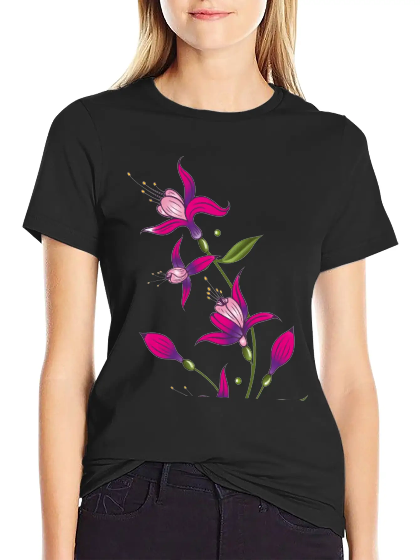 Summer Flowers, Fuchsias. Purple, Pink. Basic Graphic T-Shirt – Daily Comfort In Soft Cotton