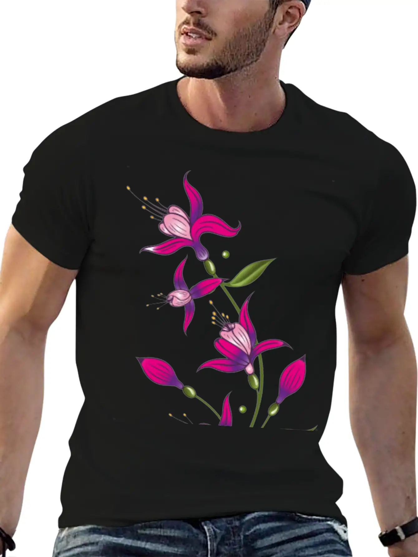 Summer Flowers, Fuchsias. Purple, Pink. Basic Graphic T-Shirt – Daily Comfort In Soft Cotton