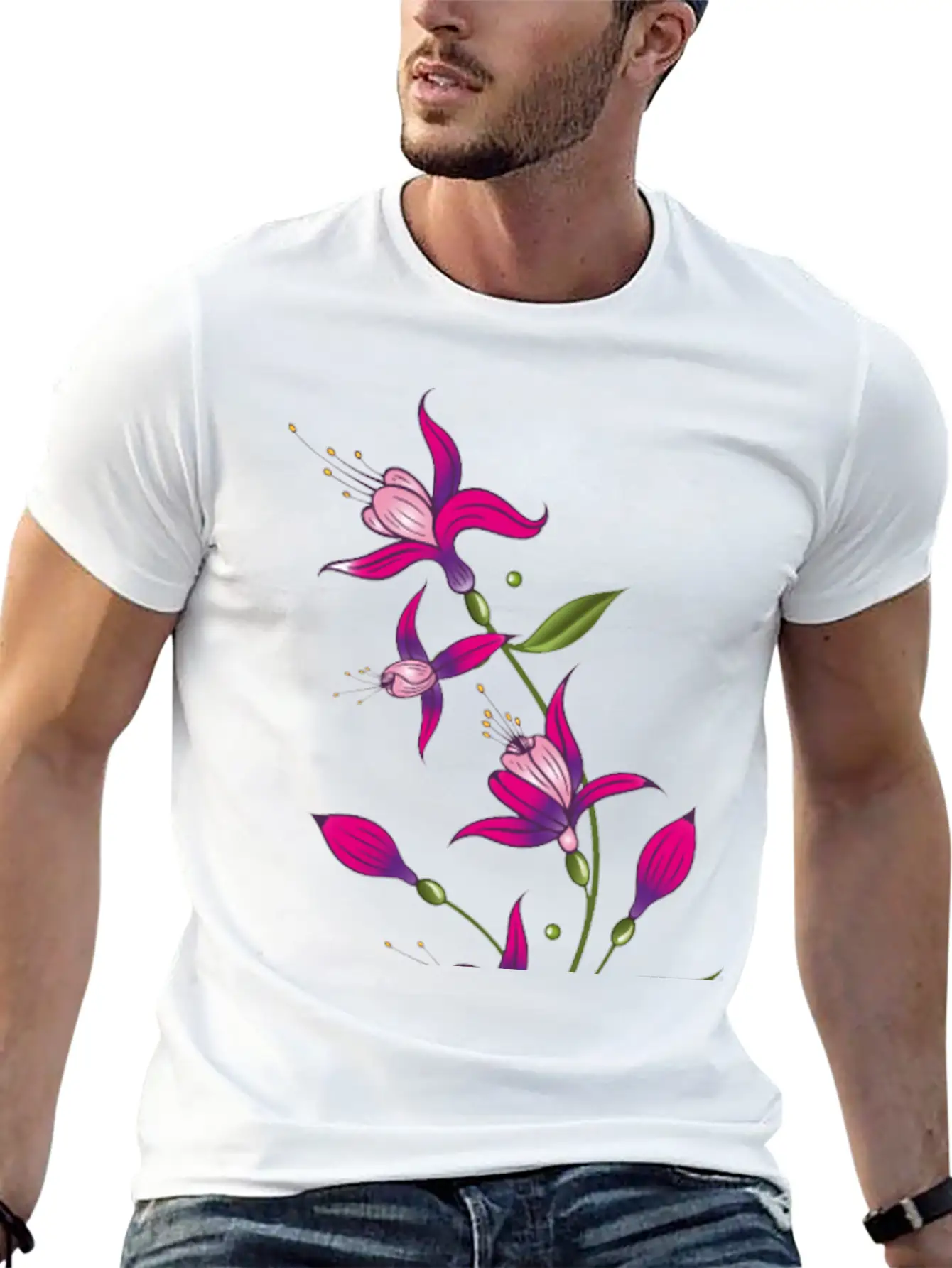 Summer Flowers, Fuchsias. Purple, Pink. Basic Graphic T-Shirt – Daily Comfort In Soft Cotton